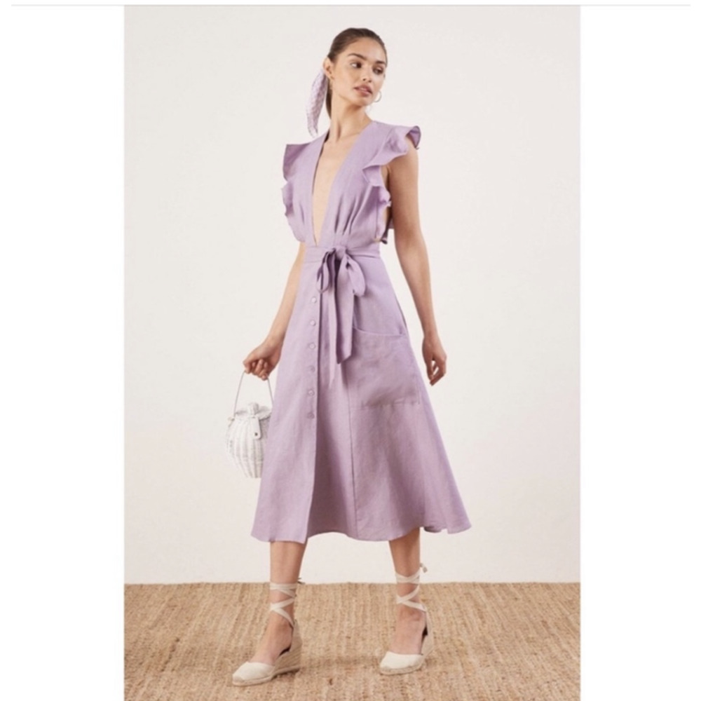 NWT Reformation Lilac Plunge Neckline Flutter Sleeve Wrap Linen Dress